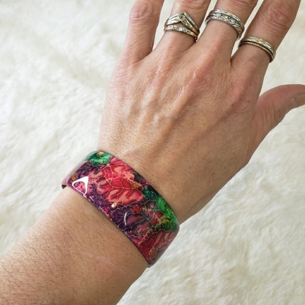 VINTAGE Jewel Tones Abstract Floral Print Copper Cuff Bracelet